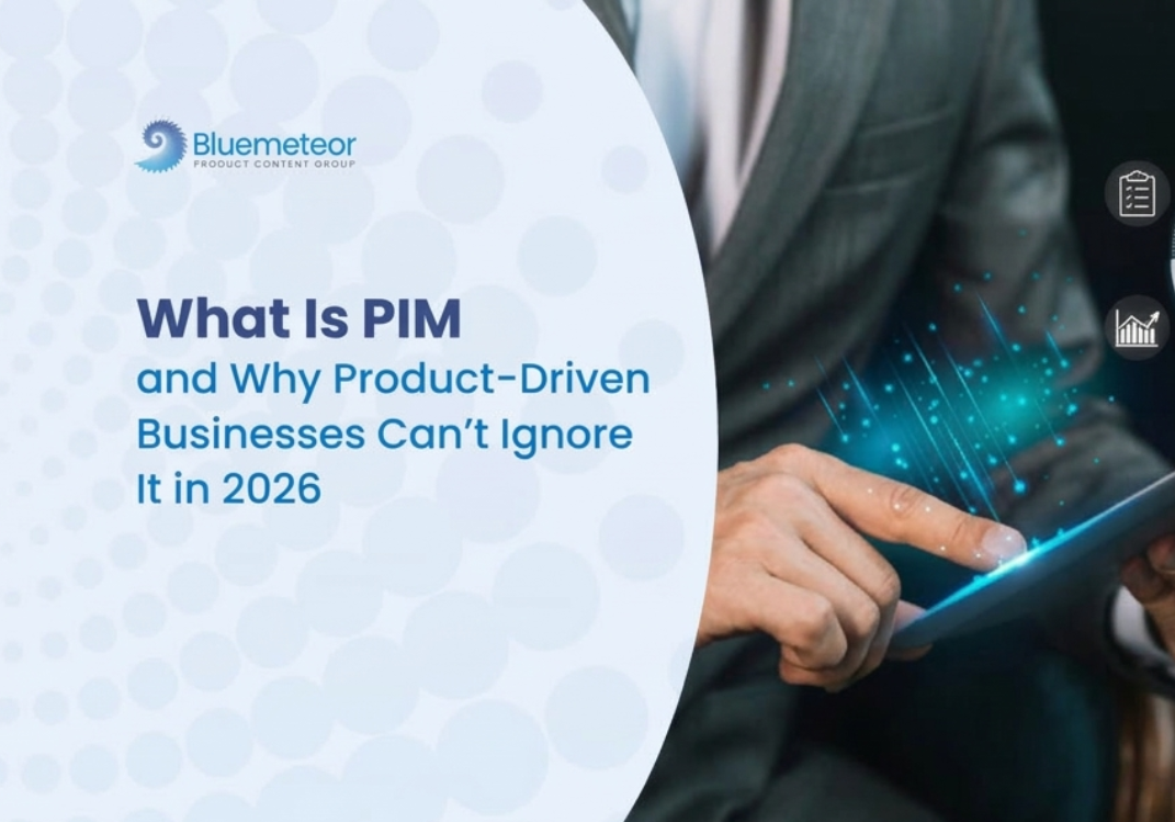 Business professional using tablet with digital icons explaining PIM for product-driven businesses.