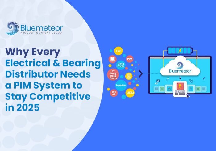 Illustrated PIM workflow showing data integration from ERP, suppliers, and other sources into Bluemeteor’s PIM system for electrical and bearing distributors.